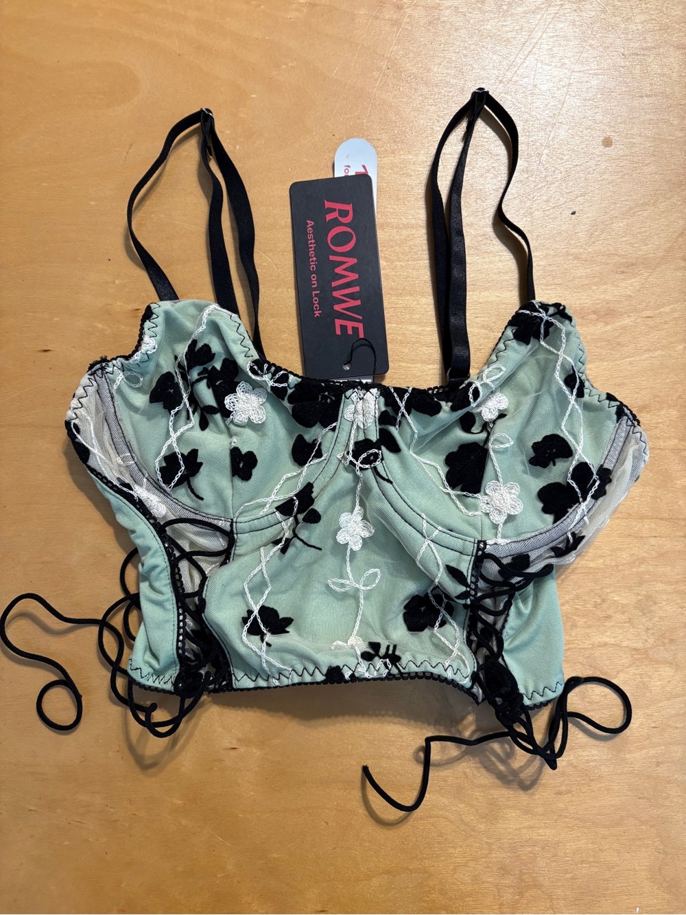 #92 - MUST GO! ROMWE Mint Green & Black Floral Lace Corset Crop Top - size small